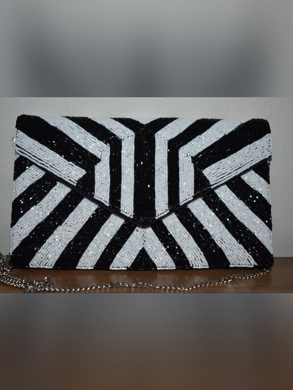 Beaded Black and White Envelope Clutch